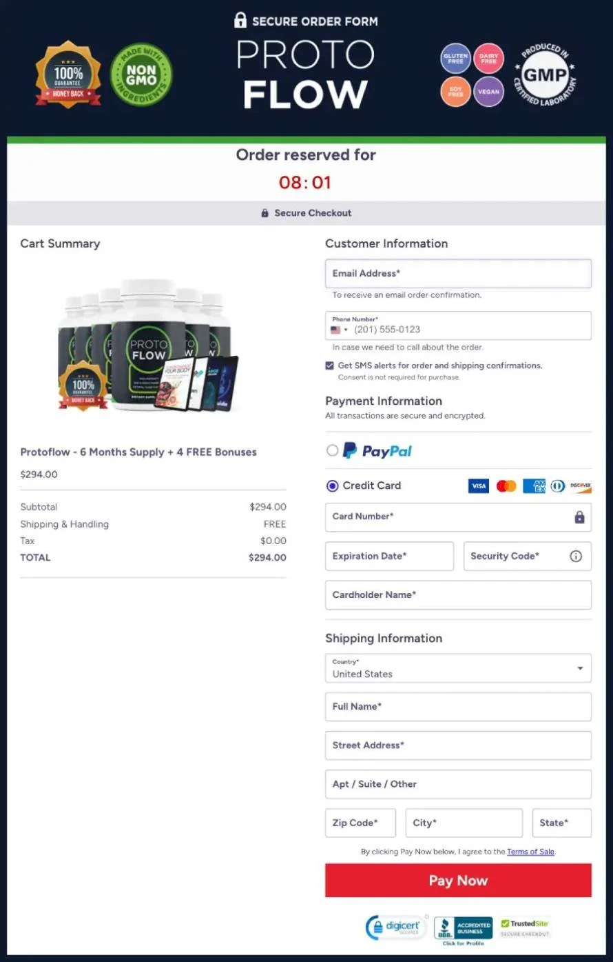 ProtoFlow secure checkout page with SSL encryption and safe payment options